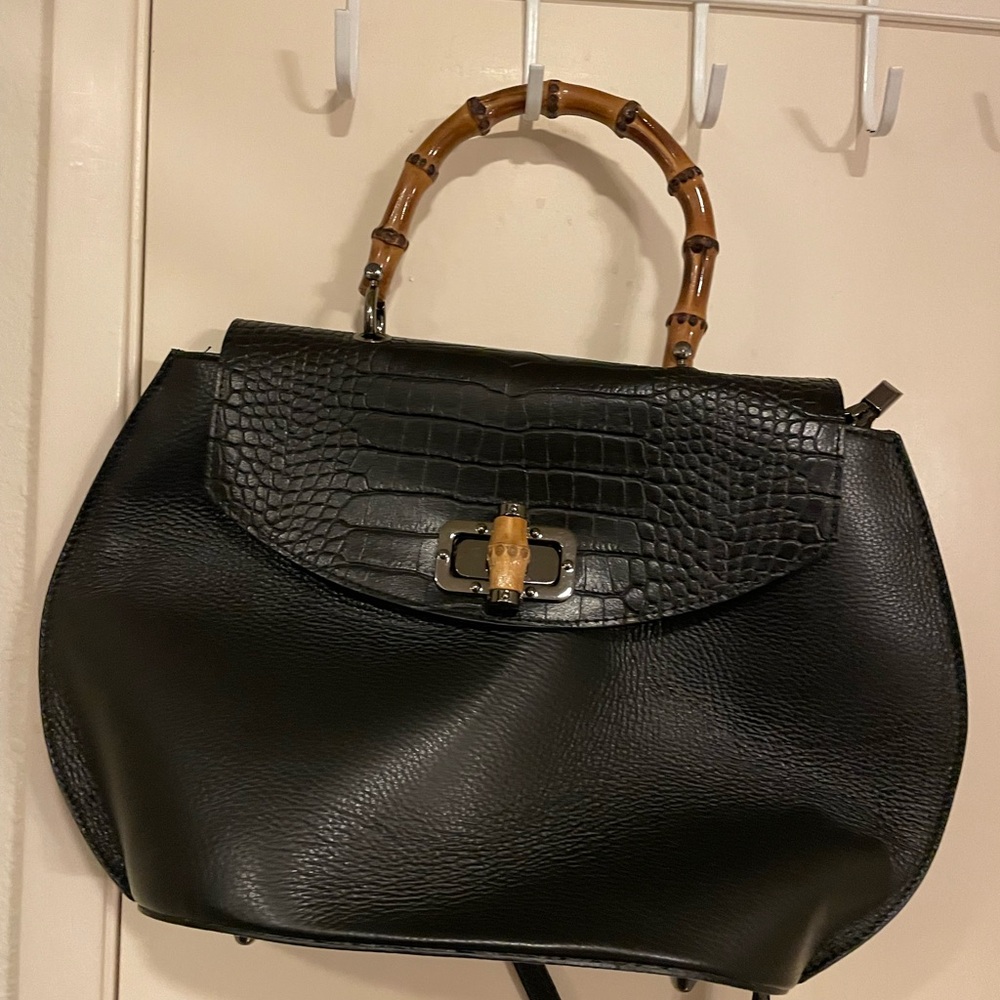 Italian leather made  Black Leather Handbag with Bamboo Handle